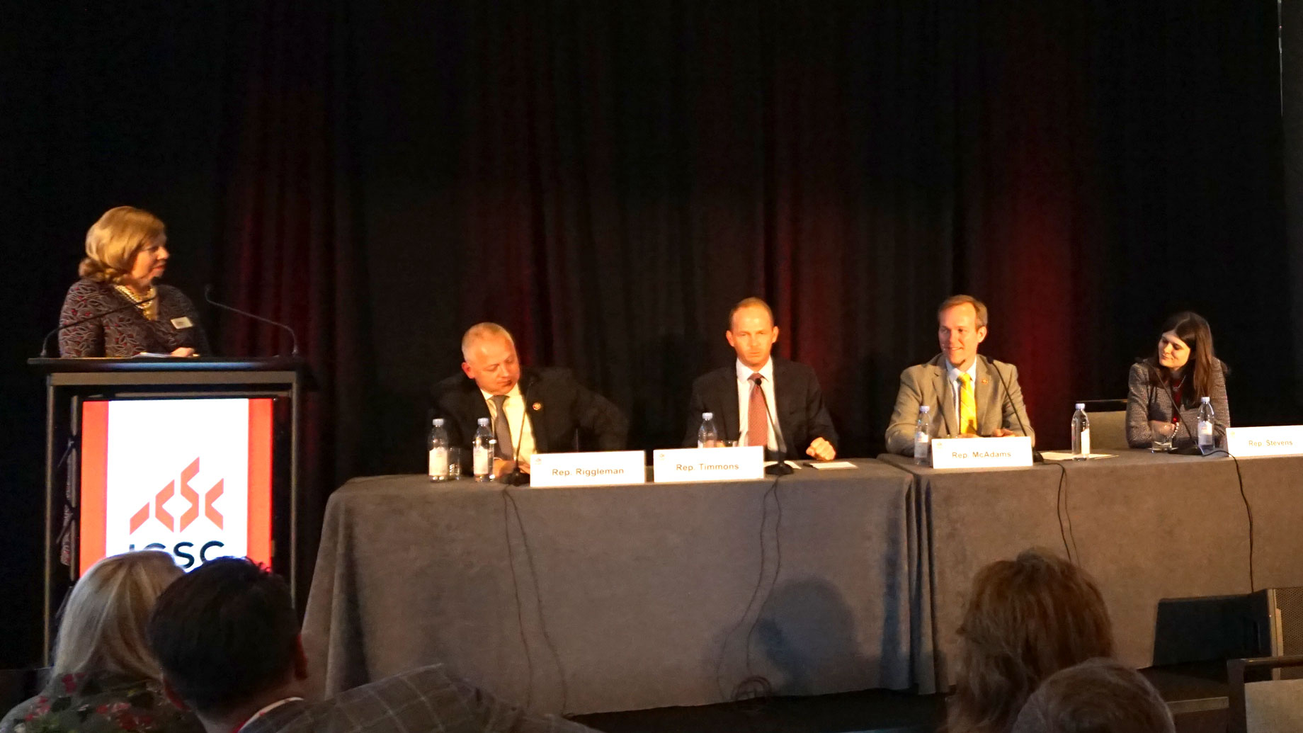 L to r: ICSC Senior Vice President for Global Public Policy Betsy Laird, Rep. Denver Riggleman (R-VA), Rep. William Timmons (