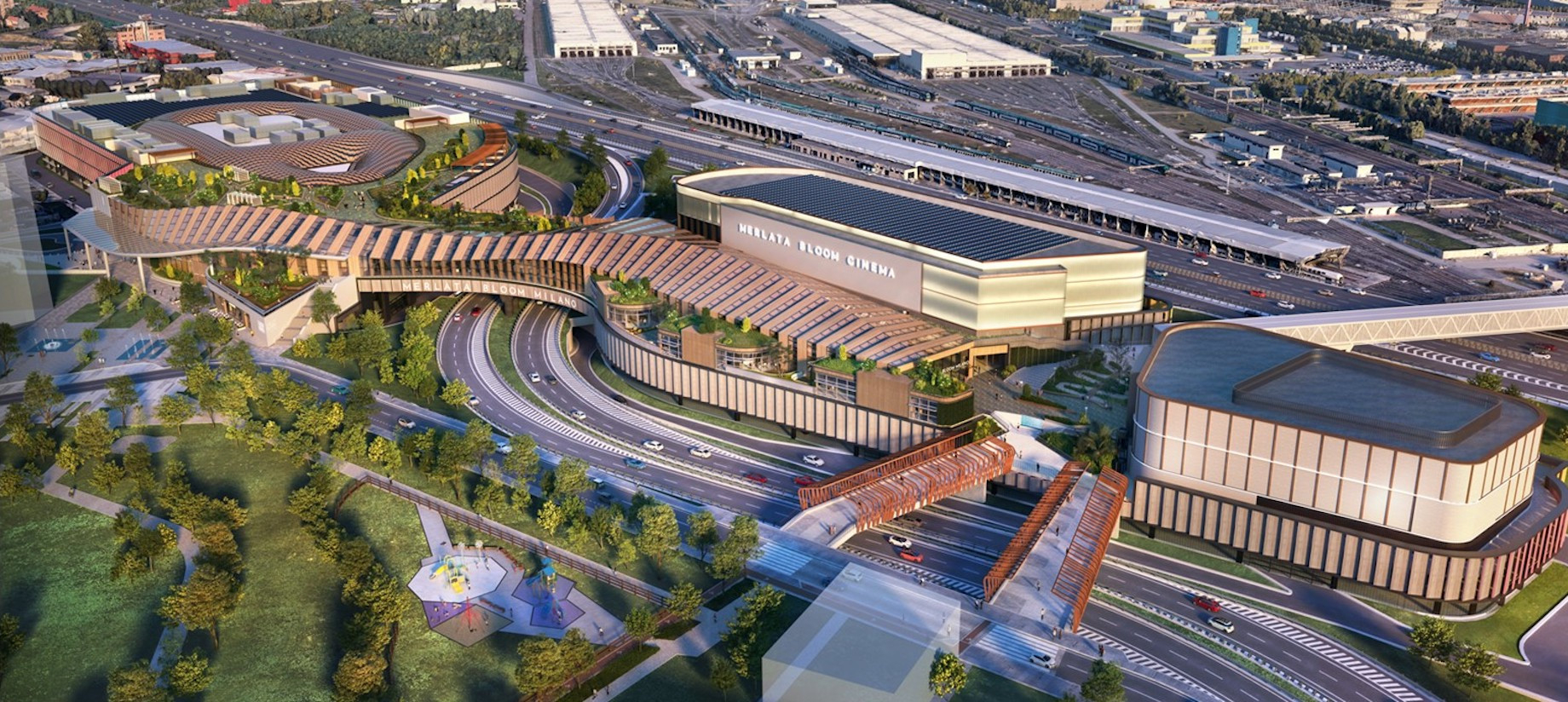 CallisonRTKL’s design for Milan’s Merlata Bloom lifestyle center connects the two parts of the center with a 200-meter-long s