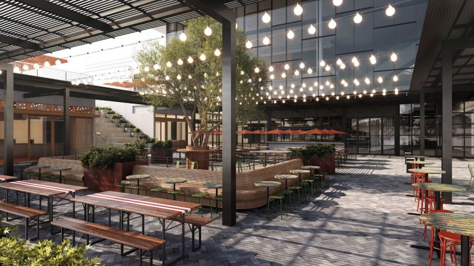 Topanga Social’s outdoor dining patio at Canoga Park, California’s Westfield Topanga