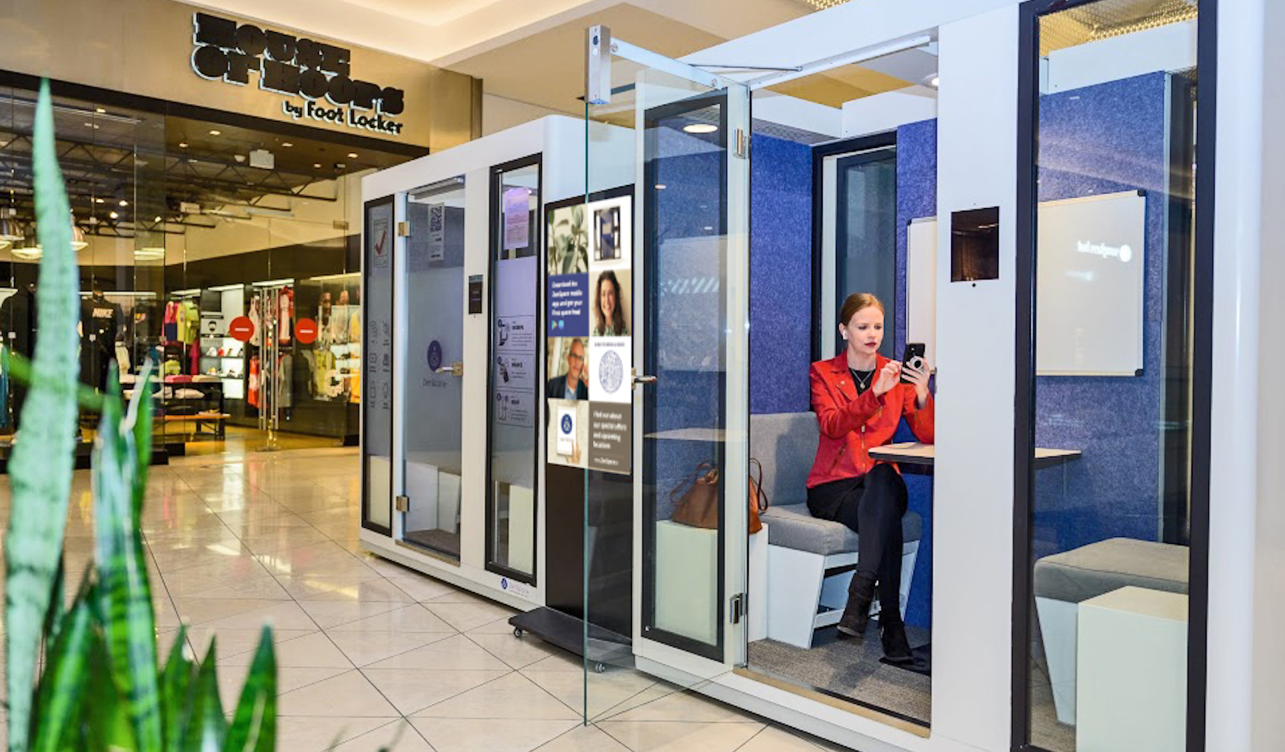 A ZenSpace co-working pod in a common area in Westfield Valley Fair