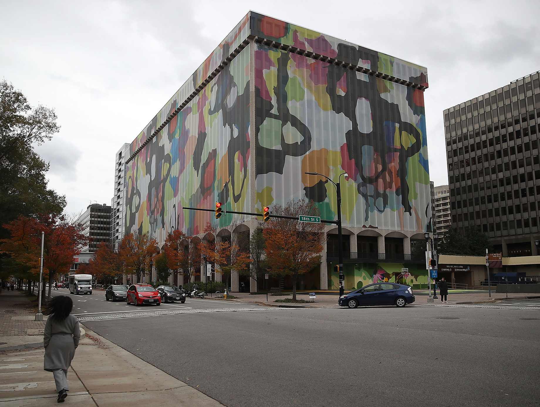A tarp draped over the 1851 S. Bell Street building in the Crystal City area of Arlington, Va.