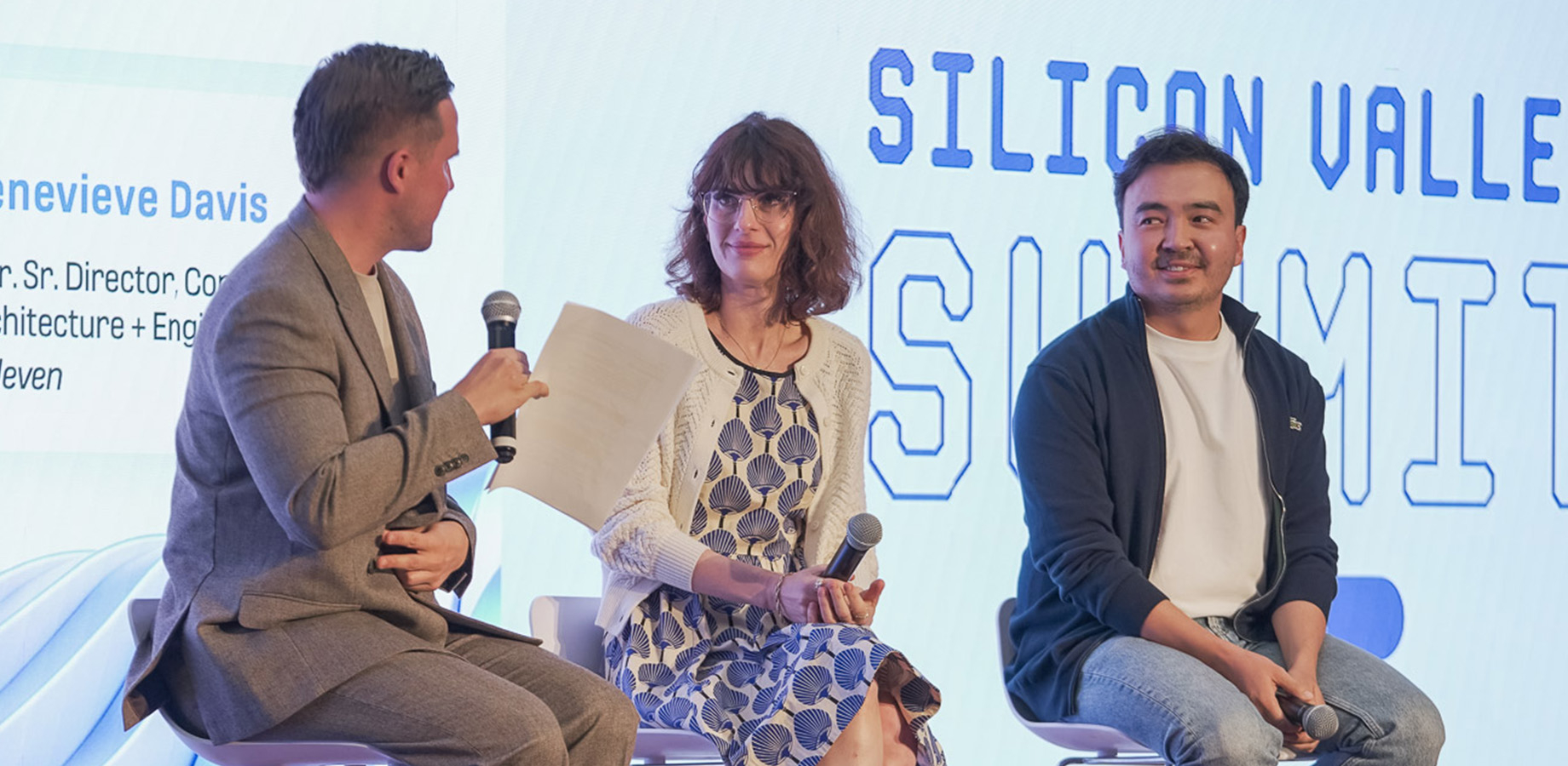 Surfaice co-founders Genevieve Davis, at center, and Alim Uderbekov, at right, spoke at last year’s Plug and Play Silicon Val