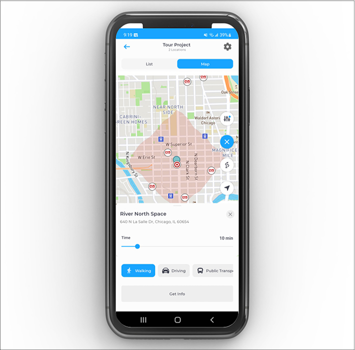 LayerCake’s Joe Sauer can us the LayerCake app to see how far 10 minutes of walking, driving or riding public transit will ta