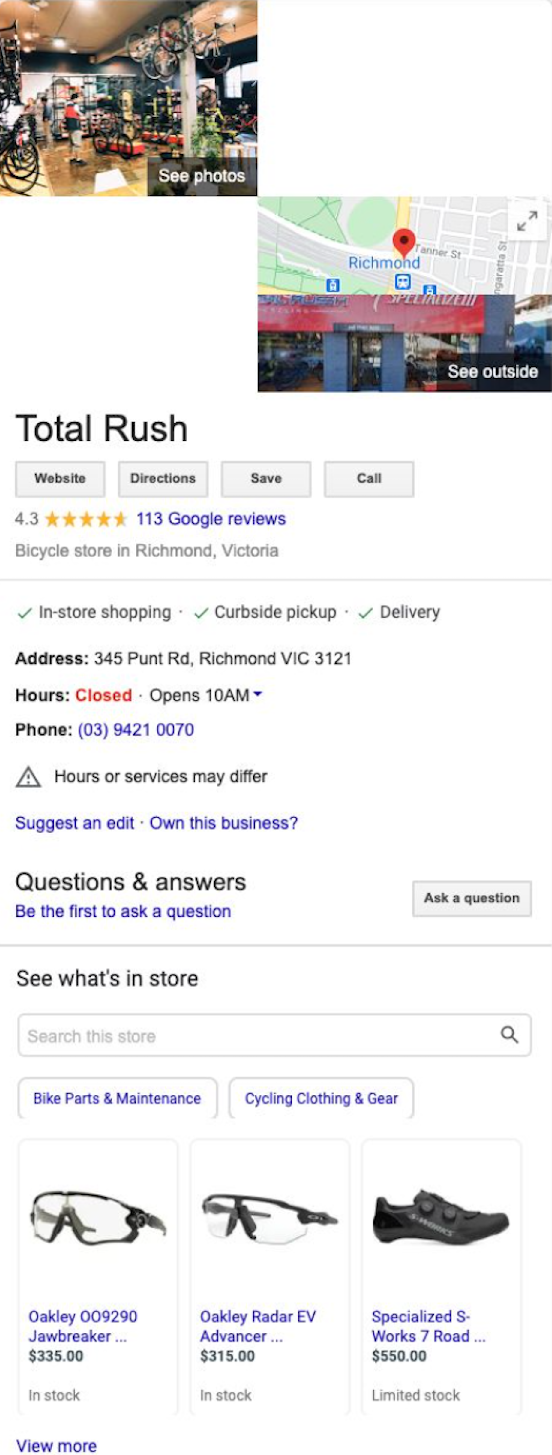 An excellent example of a Google Business Profile n done right comes from Total Rush, a bicycle store in Richmond, Australia.